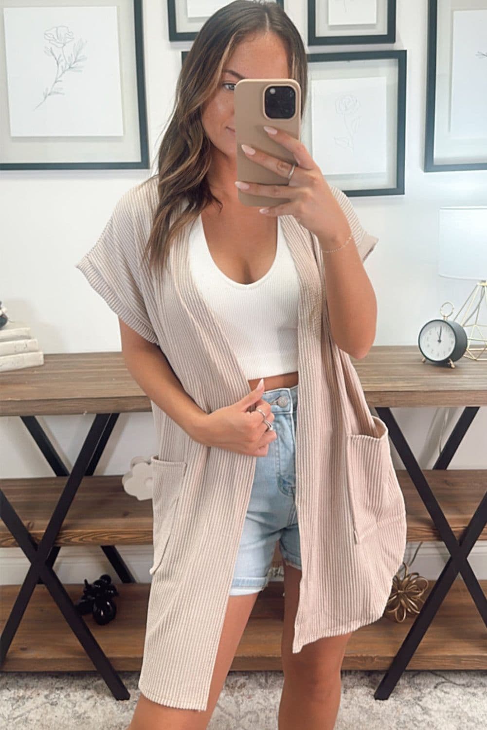 image-Parchment Ribbed Pocketed Short Sleeve Open Front Top