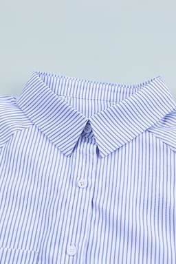 image-Sky Blue Smocked Cuffed Striped Boyfriend Shirt with Pocket