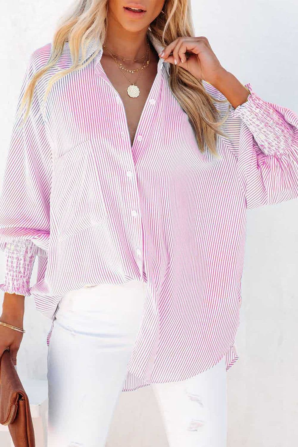 image-Sky Blue Smocked Cuffed Striped Boyfriend Shirt with Pocket