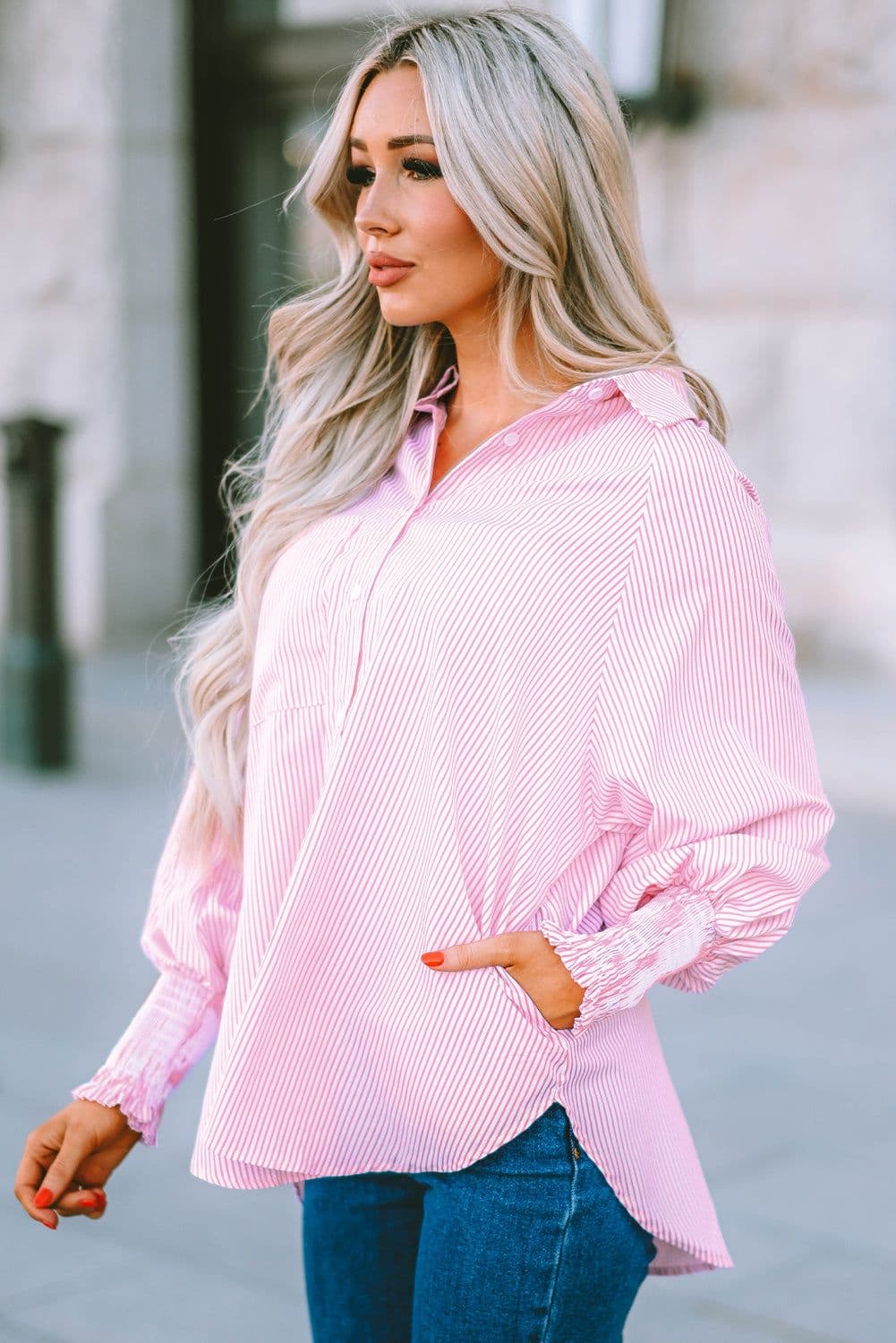 image-Sky Blue Smocked Cuffed Striped Boyfriend Shirt with Pocket