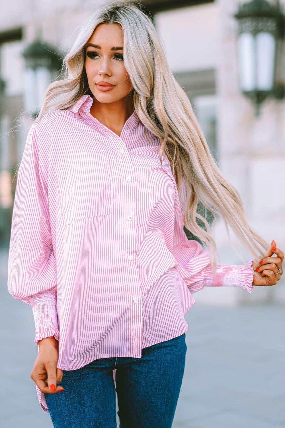 image-Sky Blue Smocked Cuffed Striped Boyfriend Shirt with Pocket
