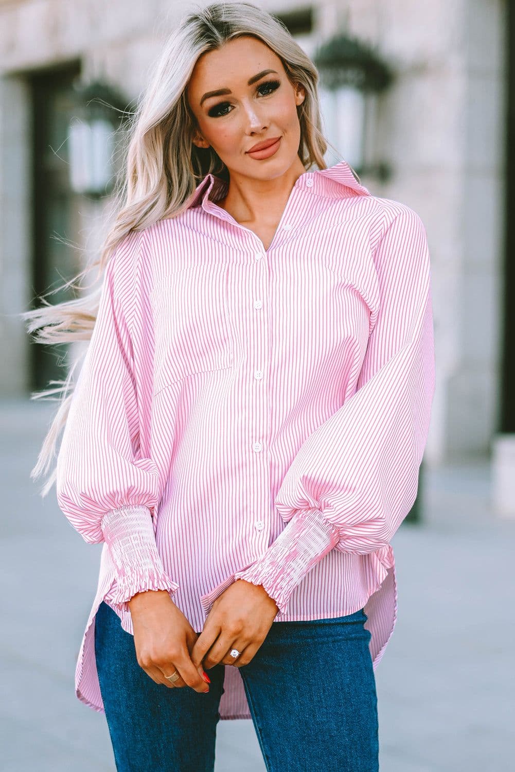 image-Sky Blue Smocked Cuffed Striped Boyfriend Shirt with Pocket