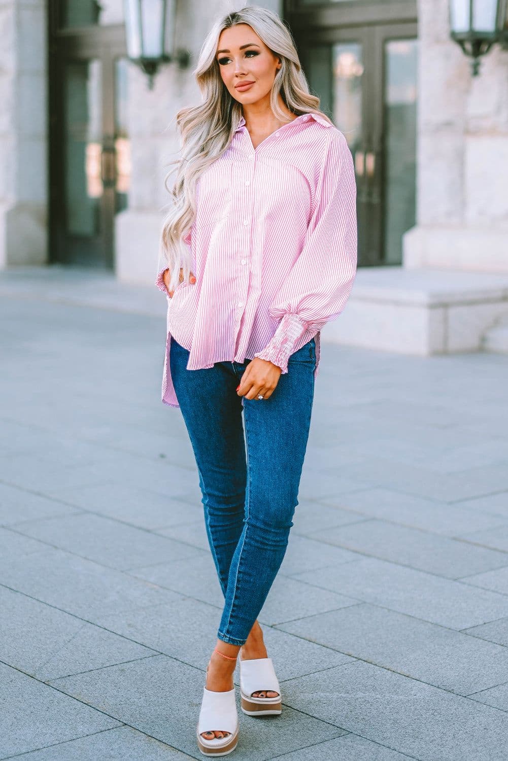 image-Sky Blue Smocked Cuffed Striped Boyfriend Shirt with Pocket