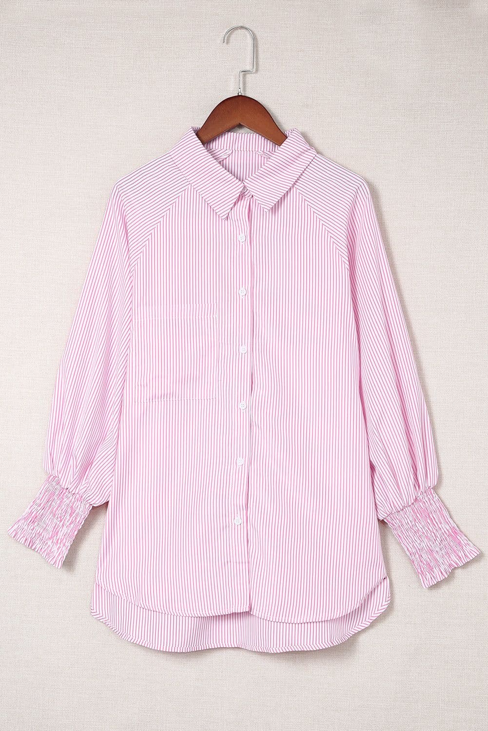 image-Sky Blue Smocked Cuffed Striped Boyfriend Shirt with Pocket