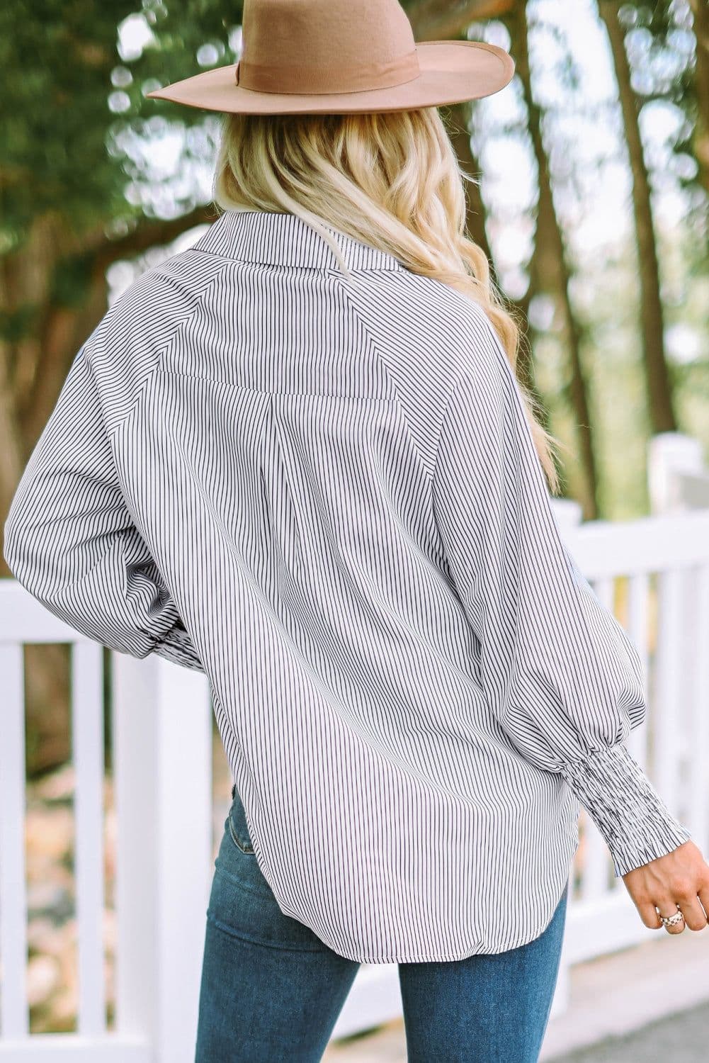 image-Sky Blue Smocked Cuffed Striped Boyfriend Shirt with Pocket