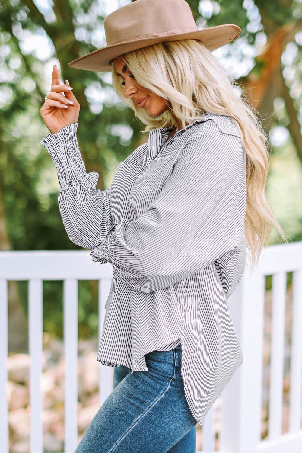 image-Sky Blue Smocked Cuffed Striped Boyfriend Shirt with Pocket