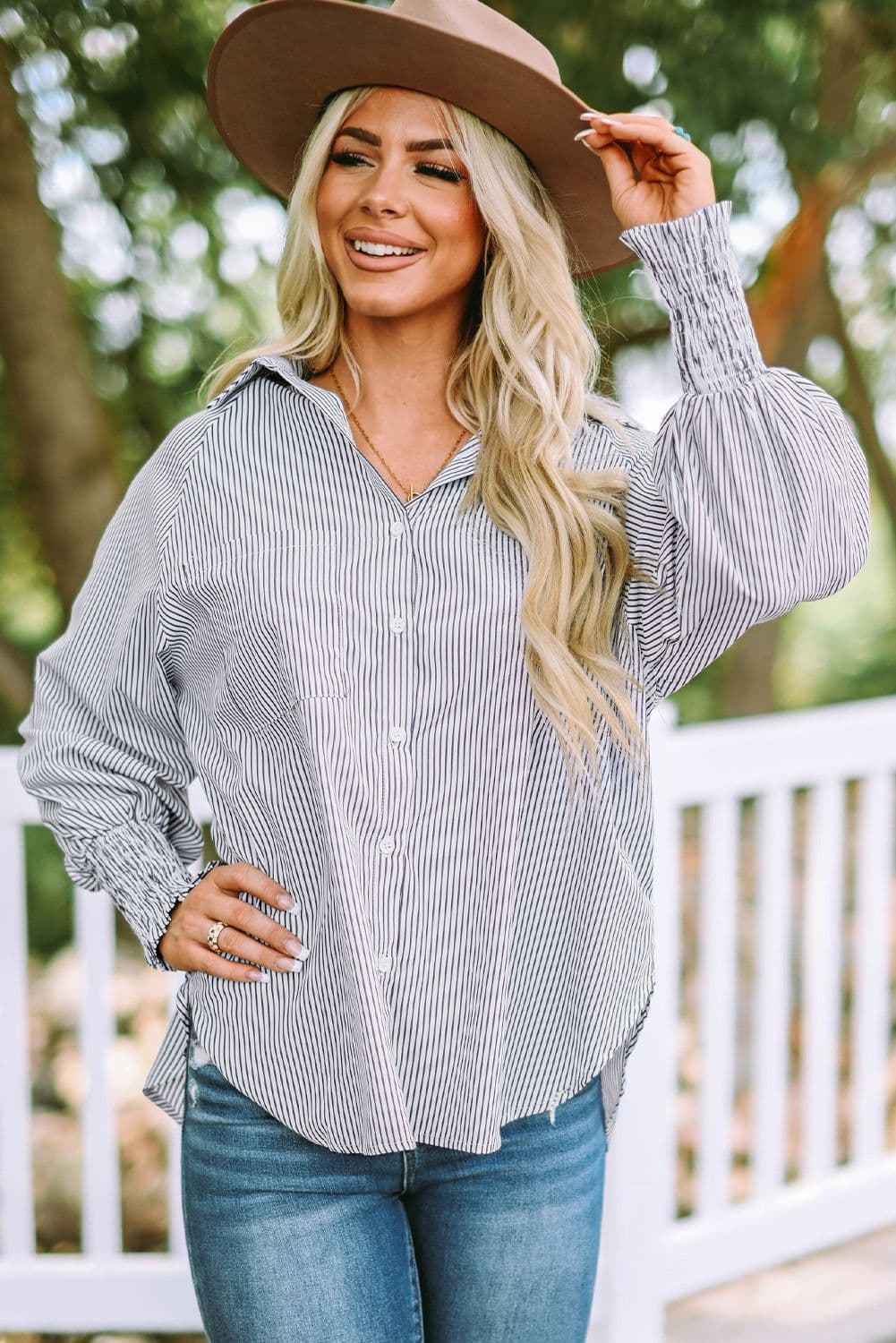 image-Sky Blue Smocked Cuffed Striped Boyfriend Shirt with Pocket