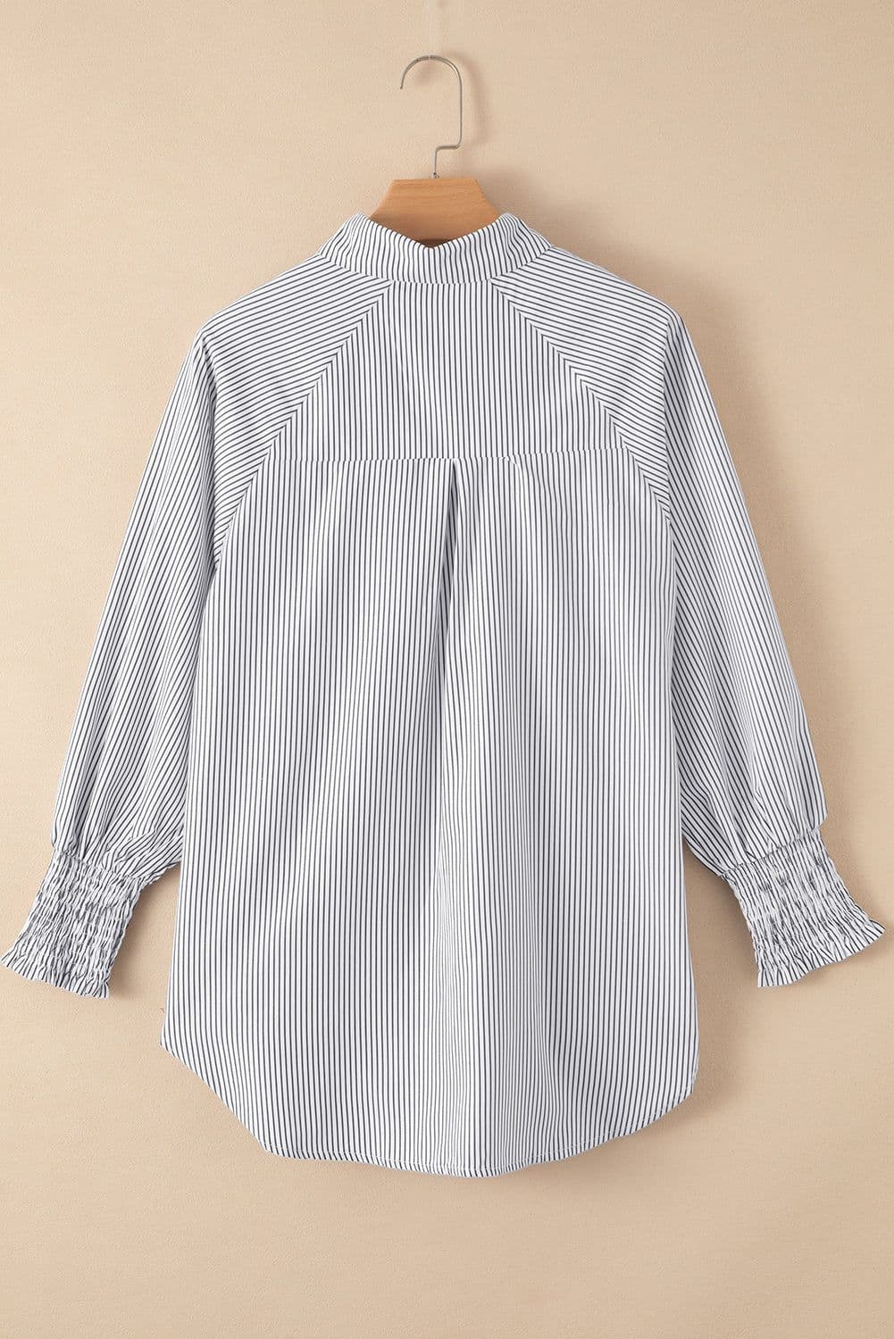 image-Sky Blue Smocked Cuffed Striped Boyfriend Shirt with Pocket