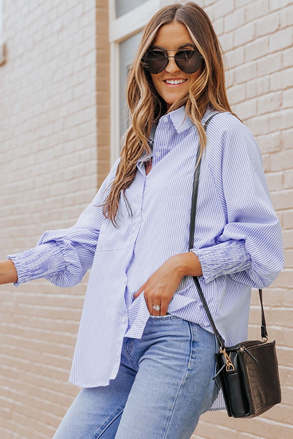 image-Sky Blue Smocked Cuffed Striped Boyfriend Shirt with Pocket