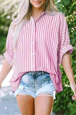 image-Sky Blue Stripe Dolman Sleeve Oversize Shirt
