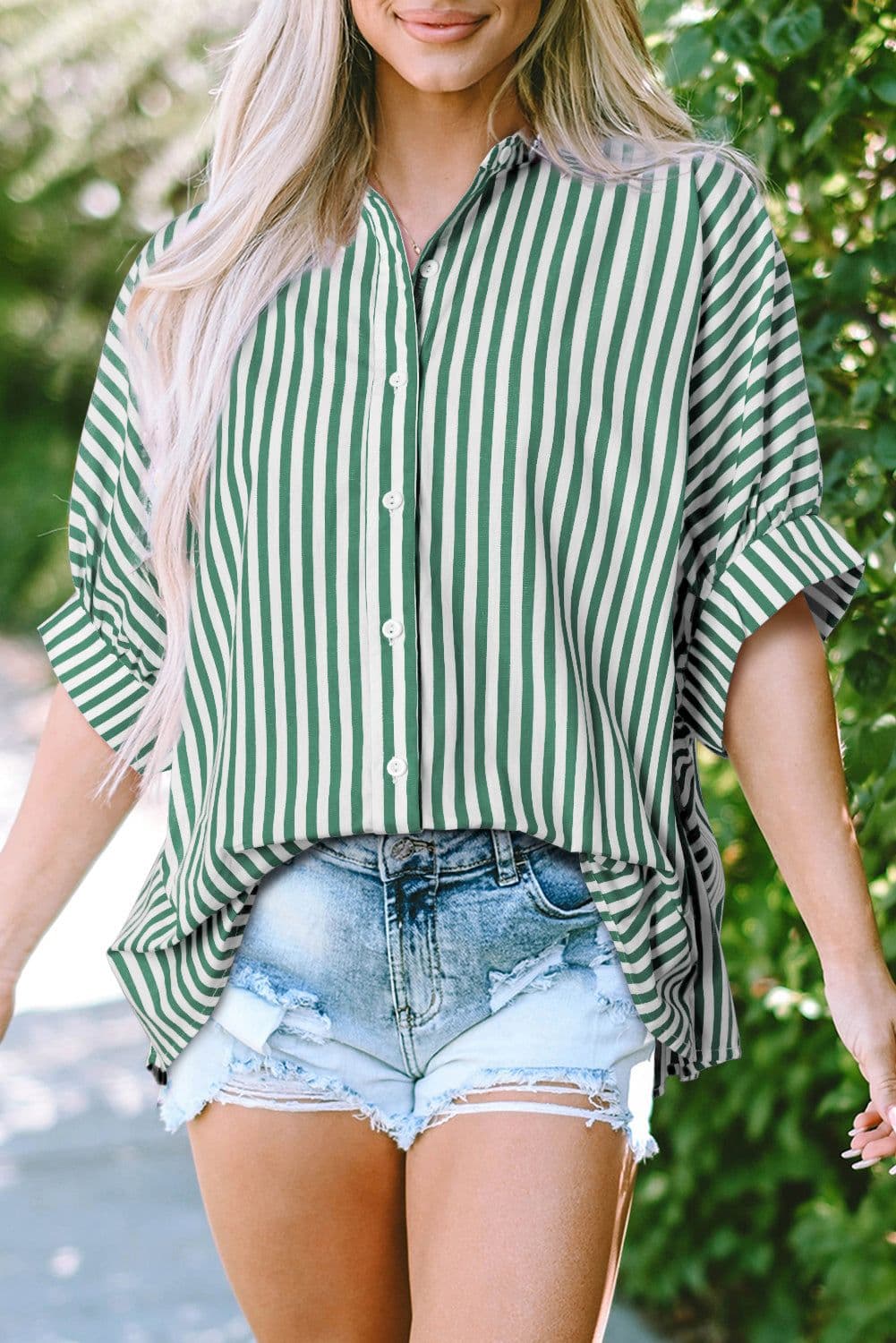 image-Sky Blue Stripe Dolman Sleeve Oversize Shirt