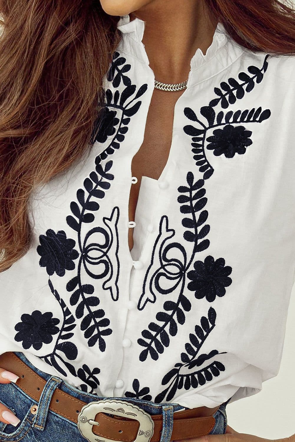 image-White Floral Embroidered Shirred Sleeve Elegant Shirt