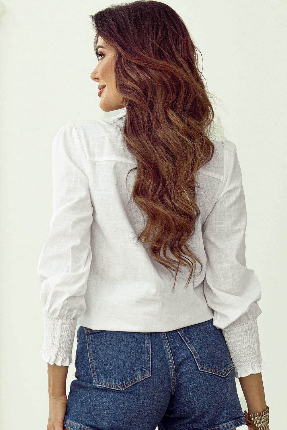 image-White Floral Embroidered Shirred Sleeve Elegant Shirt