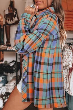 image-Orange Plaid Print Loose Vintage Shirt