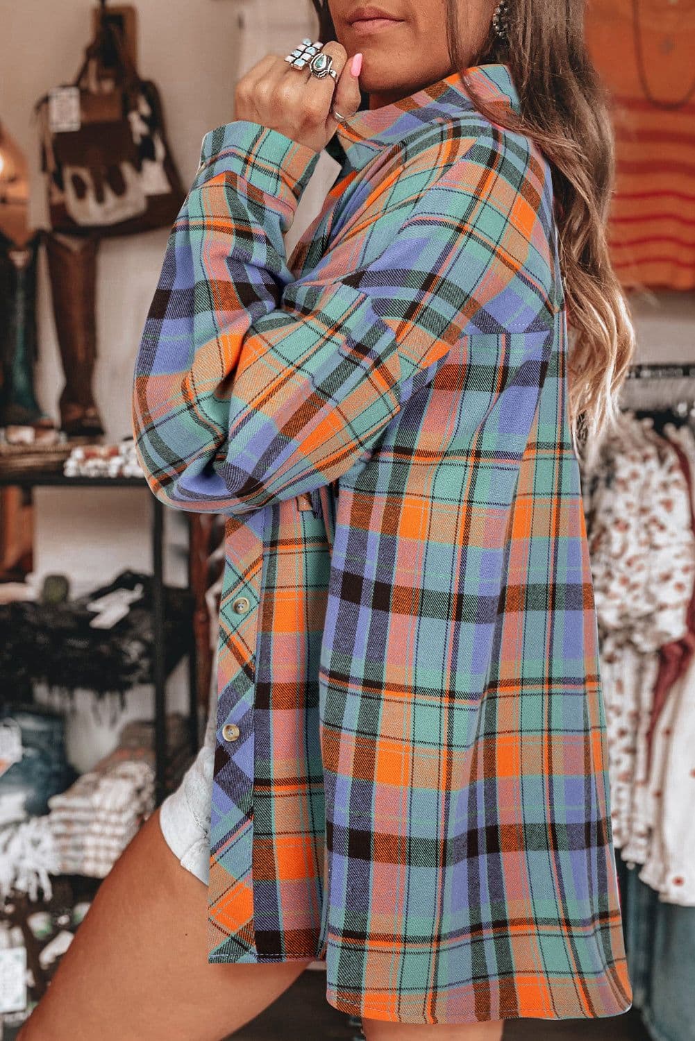 image-Orange Plaid Print Loose Vintage Shirt