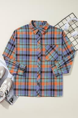 image-Orange Plaid Print Loose Vintage Shirt