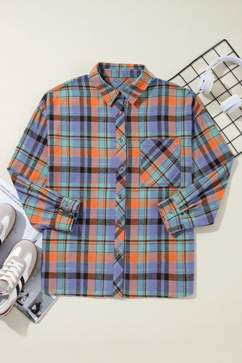 image-Orange Plaid Print Loose Vintage Shirt