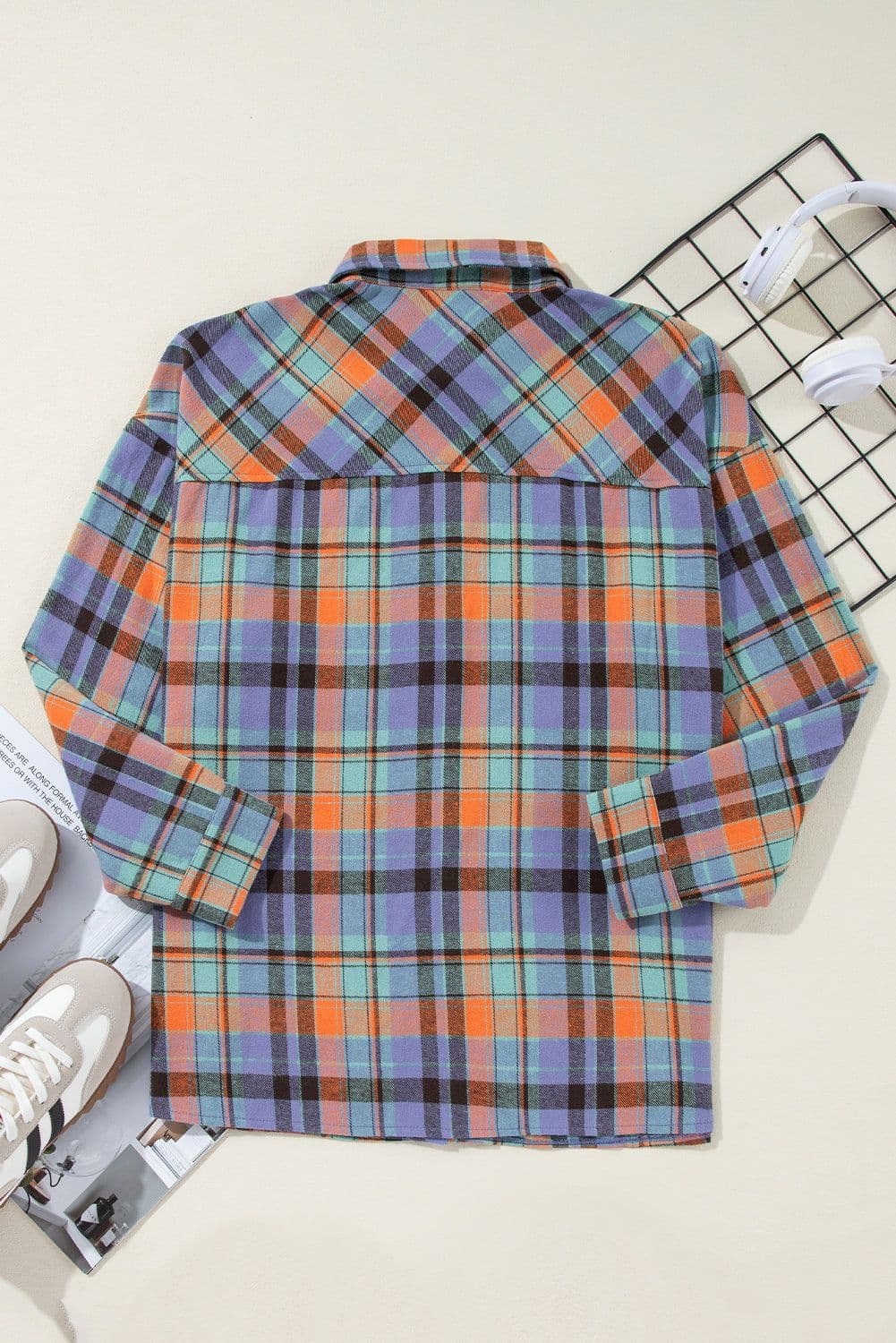 image-Orange Plaid Print Loose Vintage Shirt