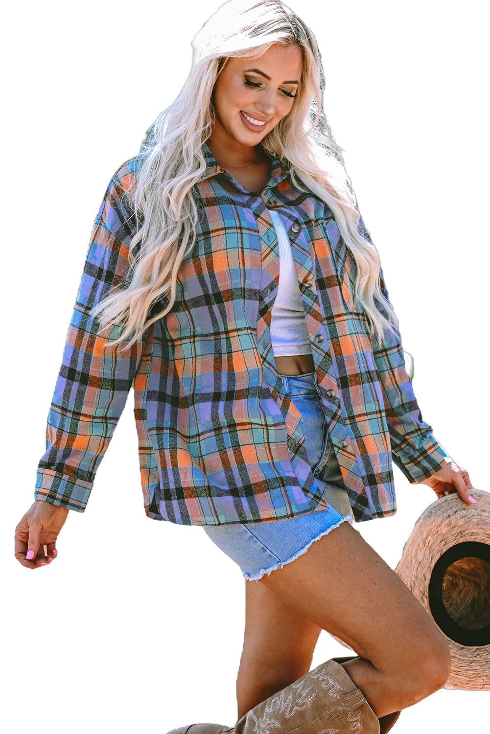 image-Orange Plaid Print Loose Vintage Shirt