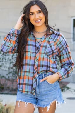 image-Orange Plaid Print Loose Vintage Shirt