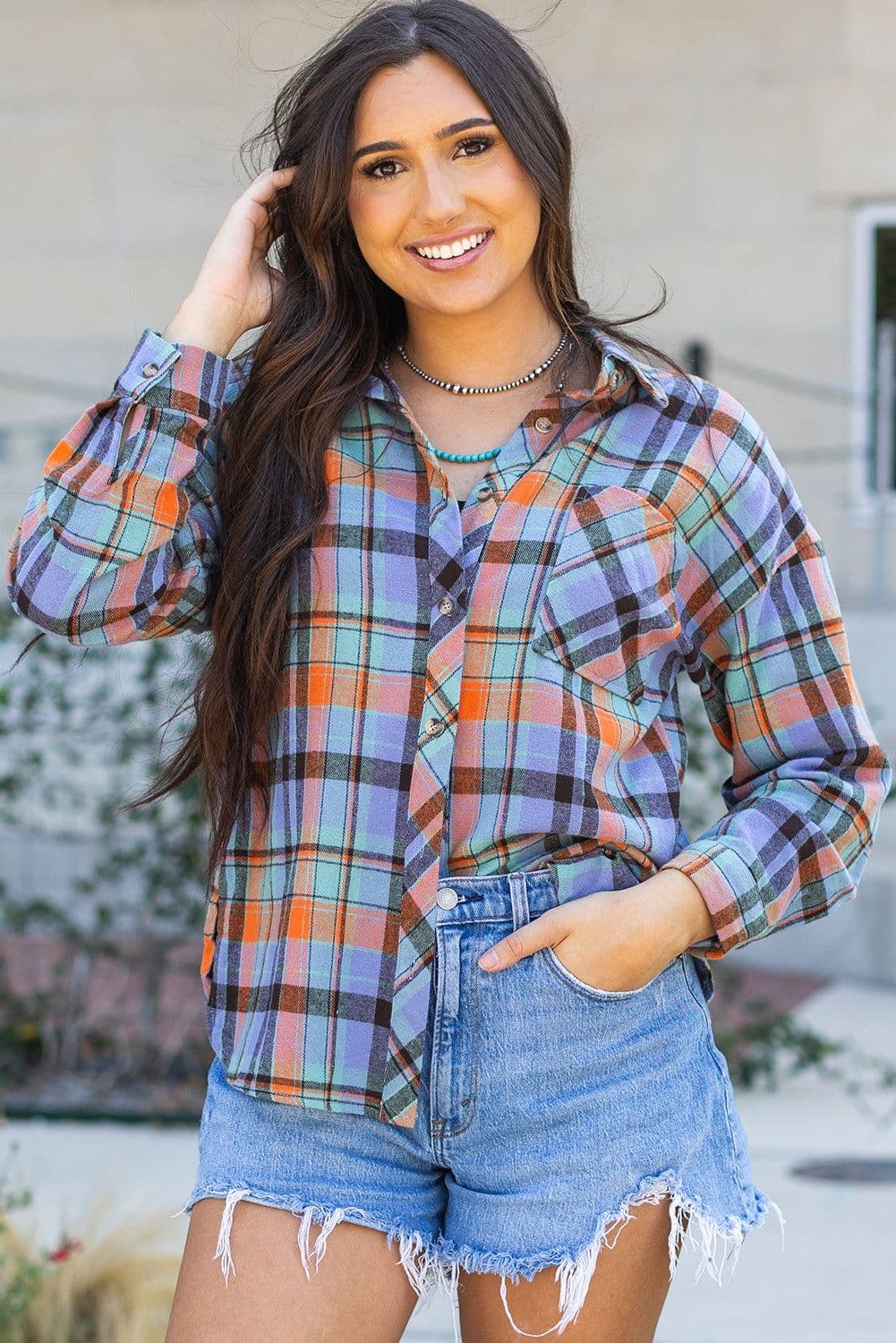 image-Orange Plaid Print Loose Vintage Shirt