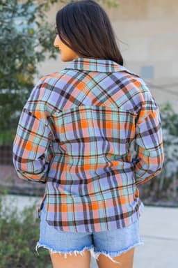 image-Orange Plaid Print Loose Vintage Shirt