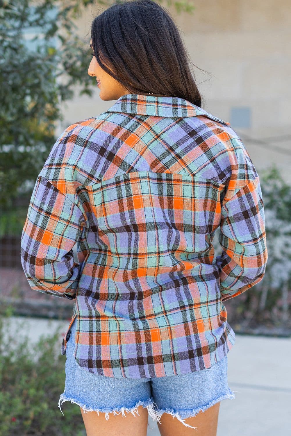 image-Orange Plaid Print Loose Vintage Shirt
