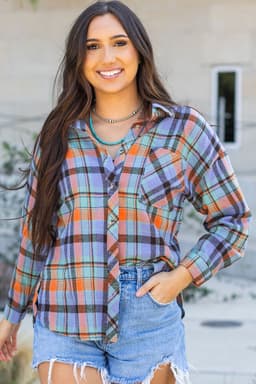 image-Orange Plaid Print Loose Vintage Shirt