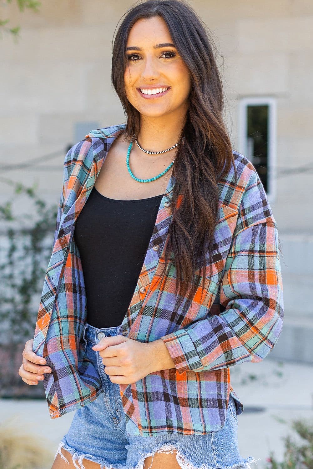 image-Orange Plaid Print Loose Vintage Shirt