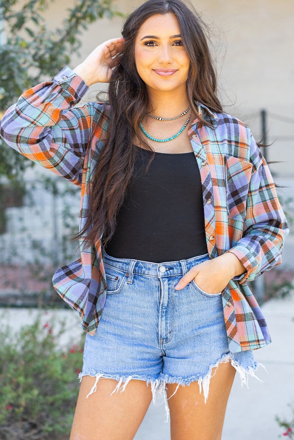 image-Orange Plaid Print Loose Vintage Shirt