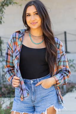 image-Orange Plaid Print Loose Vintage Shirt
