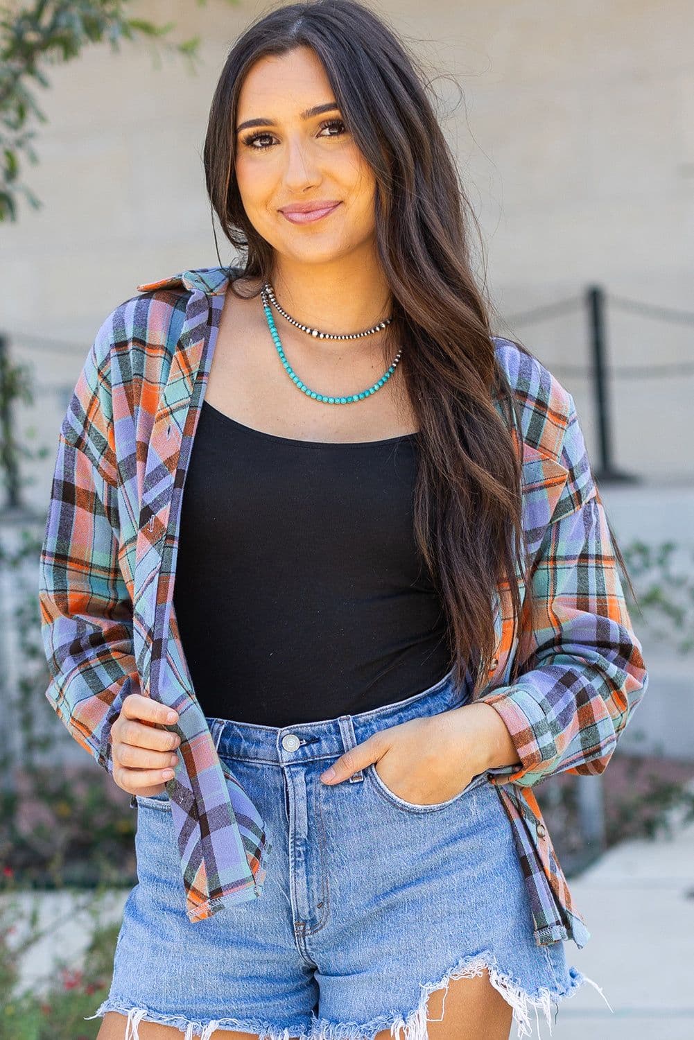 image-Orange Plaid Print Loose Vintage Shirt