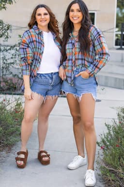 image-Orange Plaid Print Loose Vintage Shirt