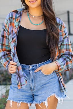 image-Orange Plaid Print Loose Vintage Shirt