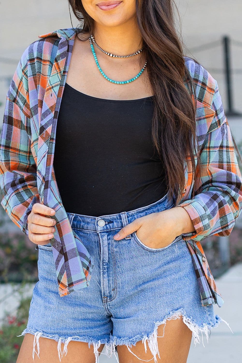 image-Orange Plaid Print Loose Vintage Shirt