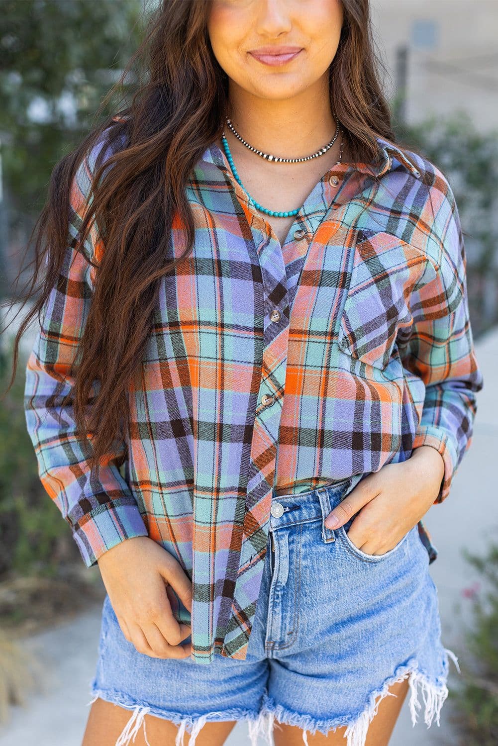 image-Orange Plaid Print Loose Vintage Shirt