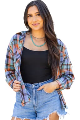 image-Orange Plaid Print Loose Vintage Shirt