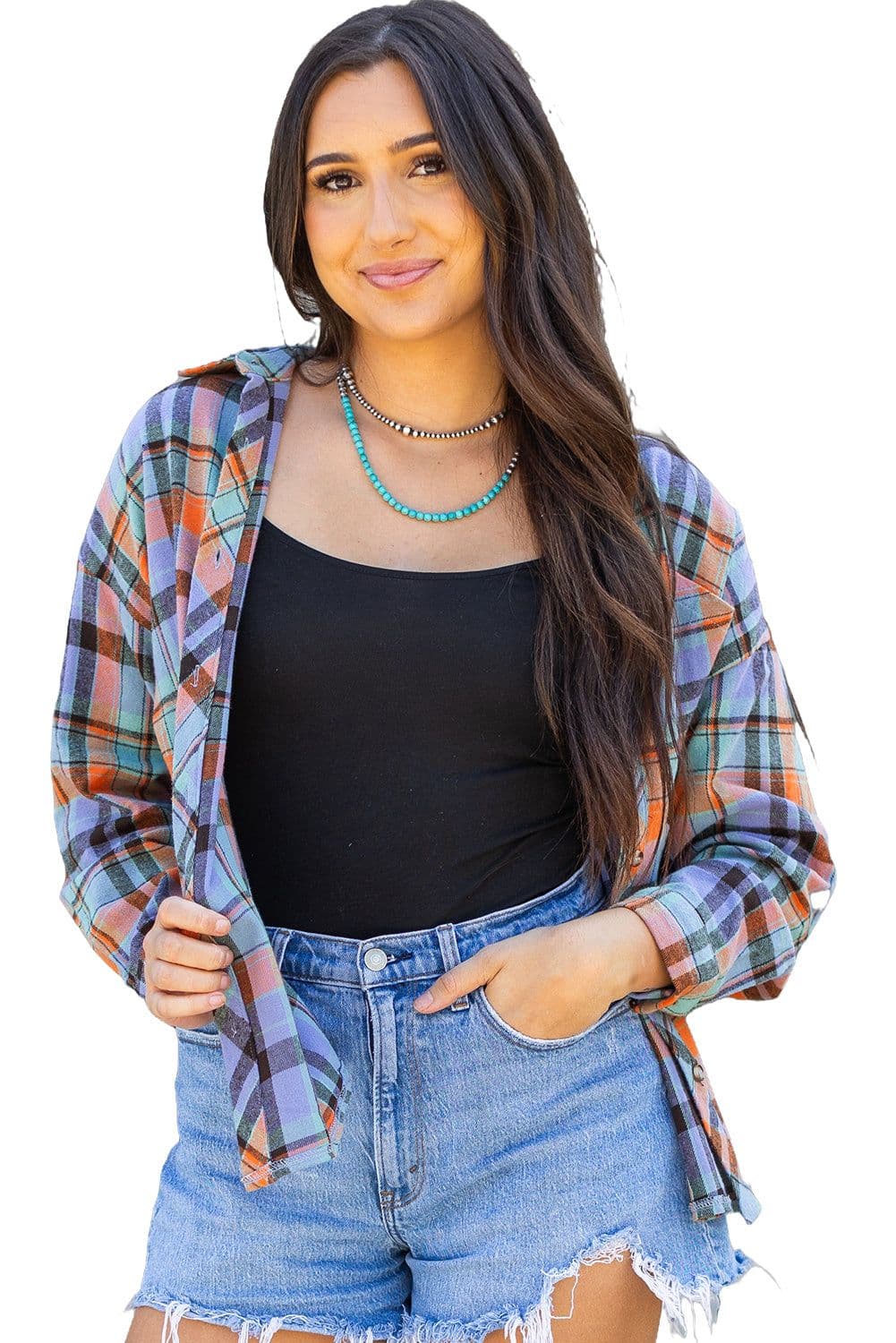 image-Orange Plaid Print Loose Vintage Shirt