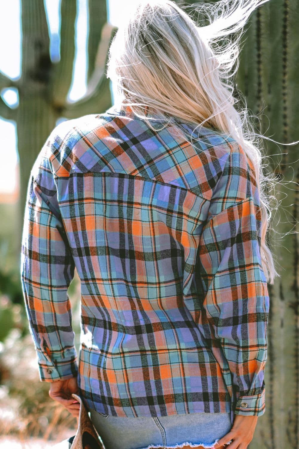 image-Orange Plaid Print Loose Vintage Shirt