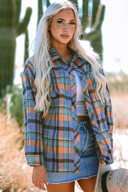 image-Orange Plaid Print Loose Vintage Shirt