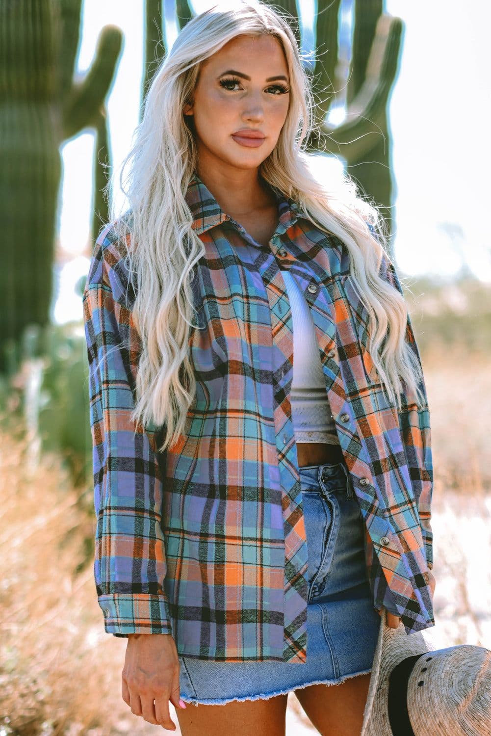 image-Orange Plaid Print Loose Vintage Shirt