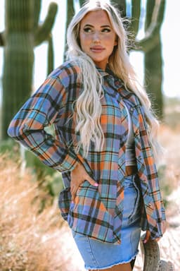 image-Orange Plaid Print Loose Vintage Shirt