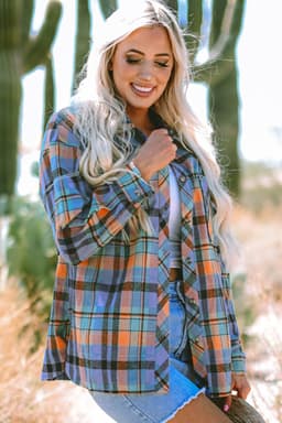image-Orange Plaid Print Loose Vintage Shirt