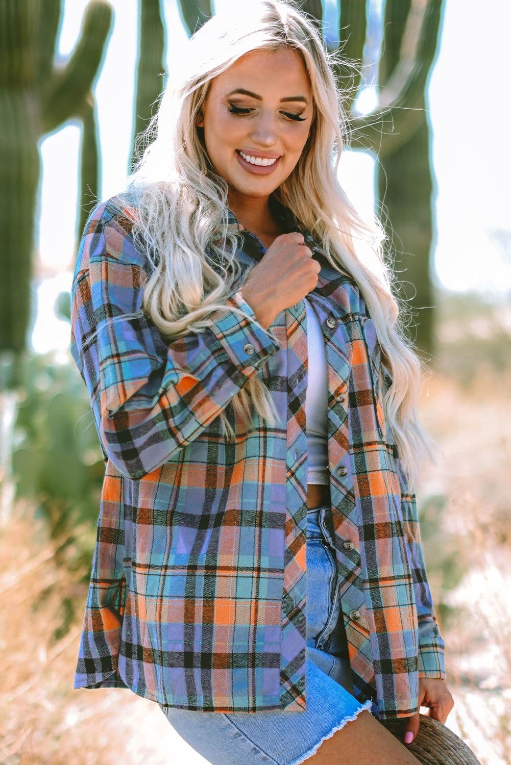 image-Orange Plaid Print Loose Vintage Shirt