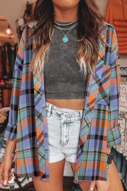image-Orange Plaid Print Loose Vintage Shirt