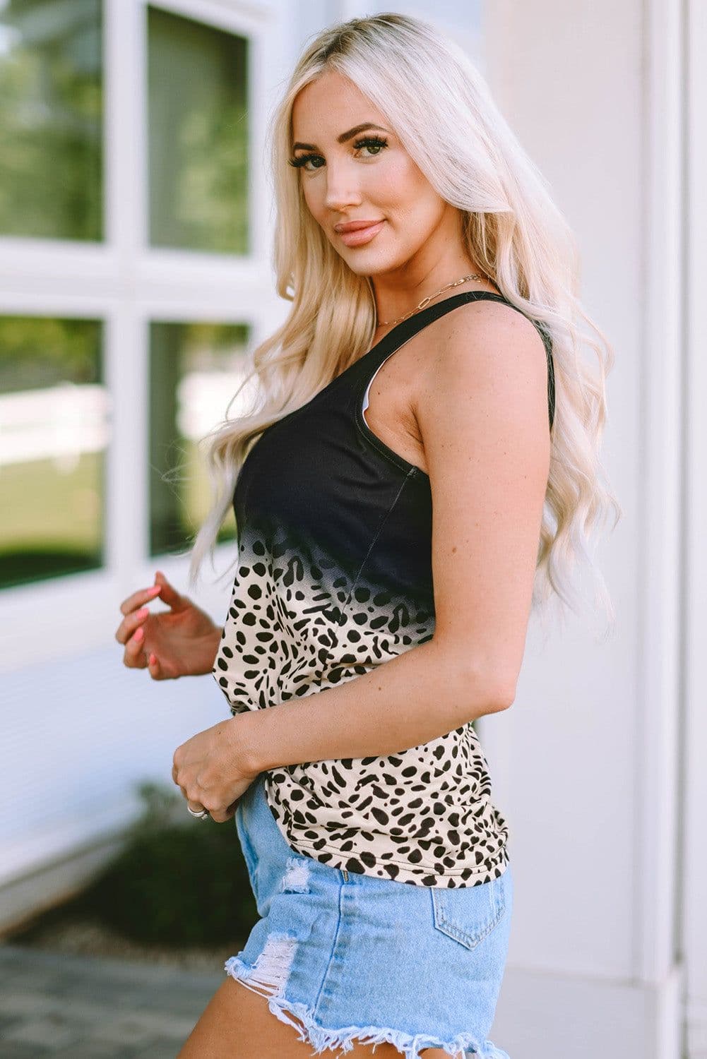 image-Black Gradient Leopard Split Neck Tank Top