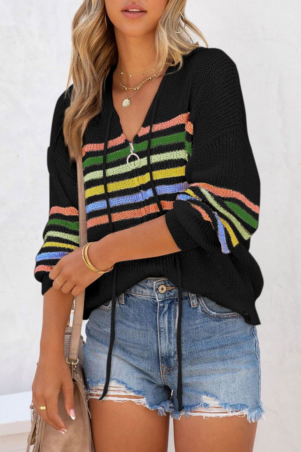 image-Black Striped Detail Zip Up Hooded Sweater Cardigan
