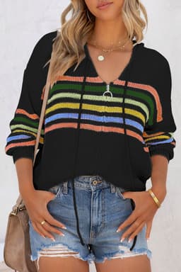image-Black Striped Detail Zip Up Hooded Sweater Cardigan