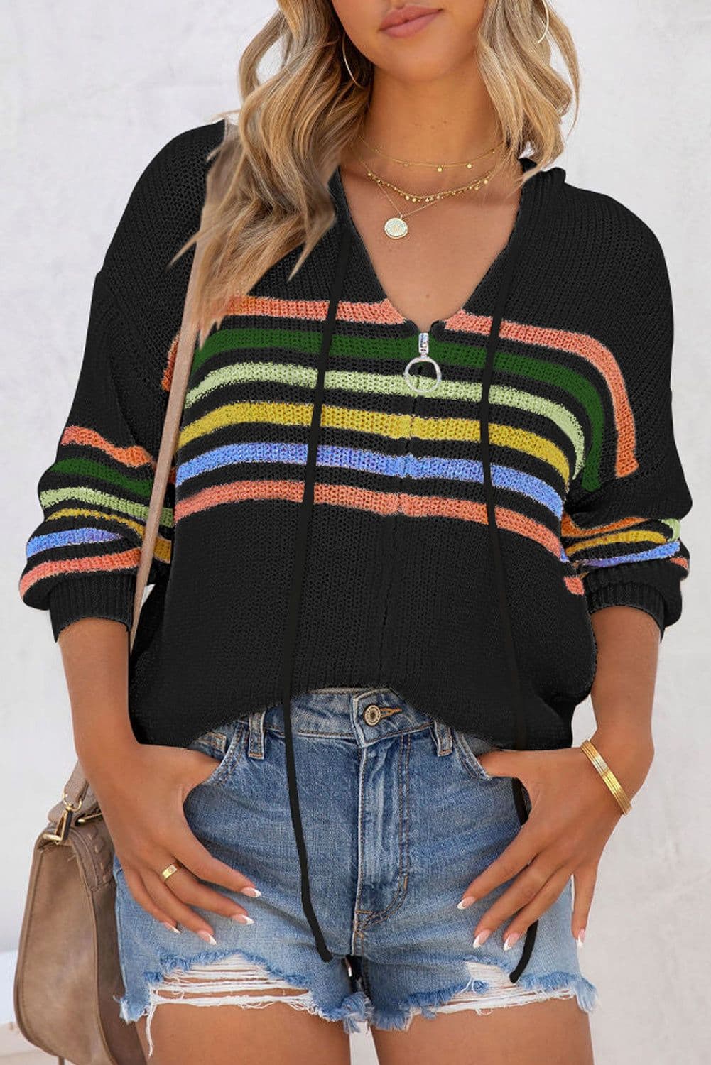 image-Black Striped Detail Zip Up Hooded Sweater Cardigan