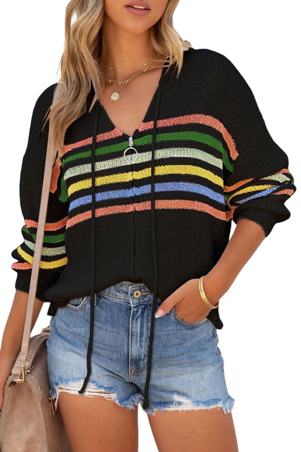 image-Black Striped Detail Zip Up Hooded Sweater Cardigan